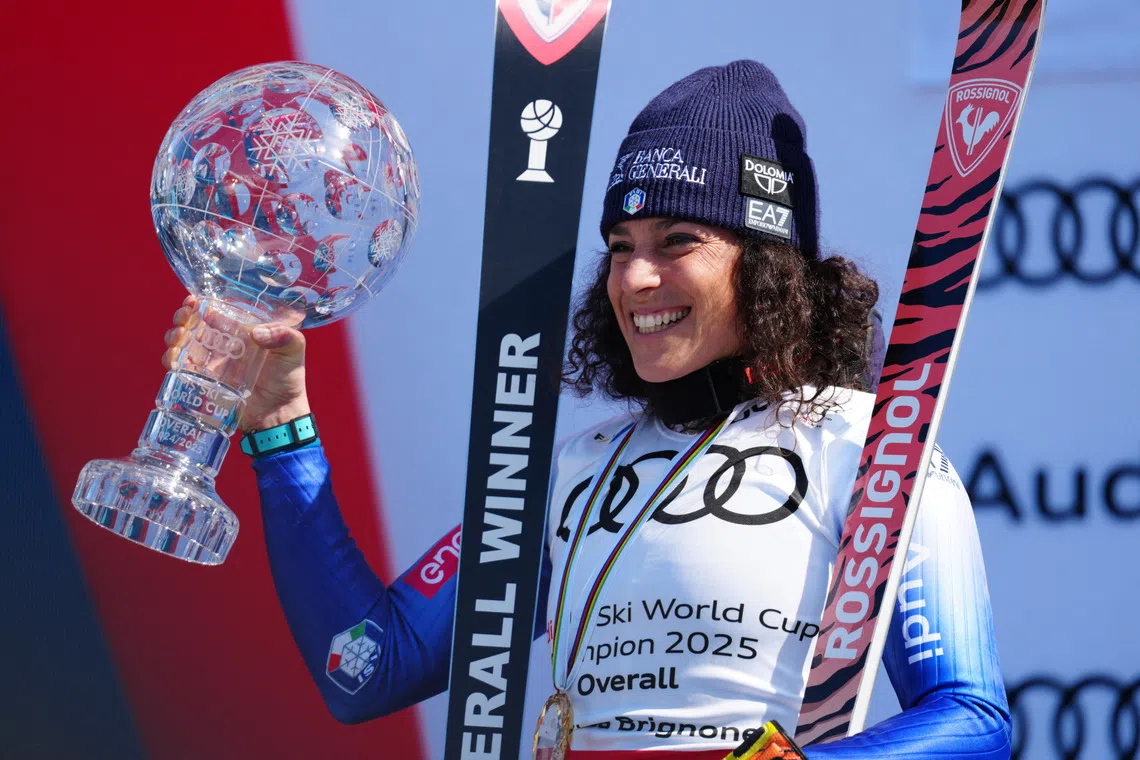 FILE PHOTO: Mar 27, 2025; Sun Valley, ID, USA; World Cup overall points winner Federica Brignone of Italy celebrates with the crystal globe after the 2025 FIS Ski World Cup at Sun Valley. Mandatory Credit: Christopher Creveling-Imagn Images/File Photo