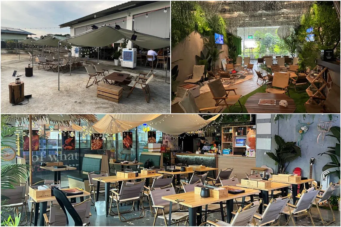 (Clockwise from top left) Camping-inspired eateries Ten+, Escape camping BBQ bar and La Xiao Chuan.