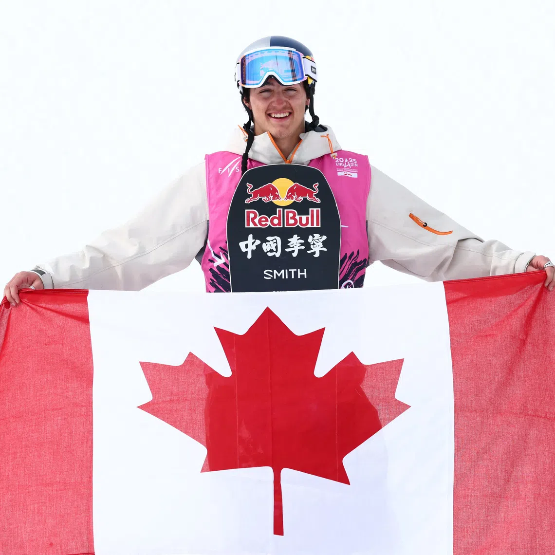 Freestyle Skiing - FIS Freestyle World Championships - St Moritz, Switzerland - March 21, 2025  Canada's Liam Brearley celebrates winning the men's slopestyle REUTERS/Denis Balibouse