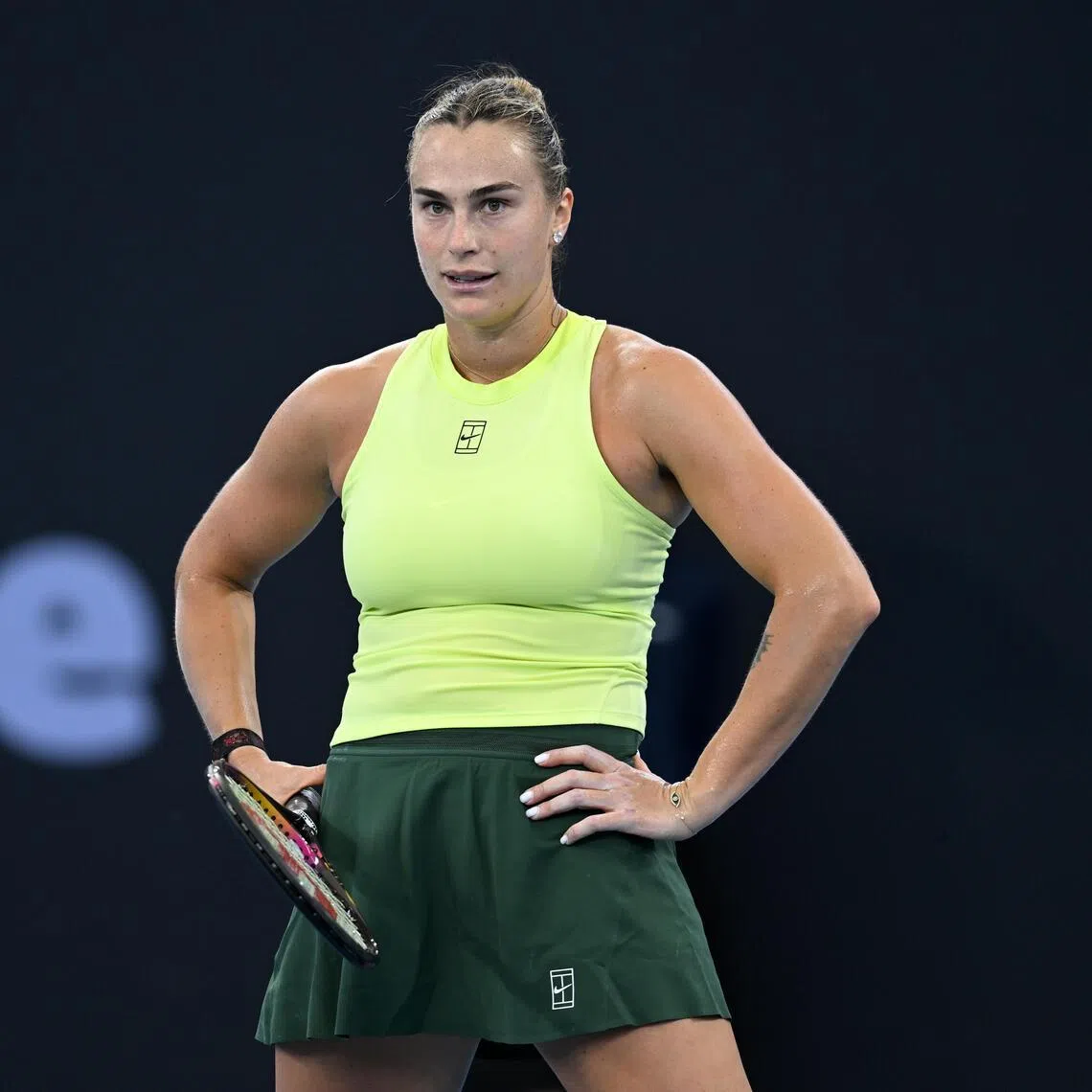 World No. 1 Aryna Sabalenka of Belarus reacting during her 6-3, 6-3 last-16 win over Sorana Cirstea of Romania at the Brisbane International tennis tournament at Pat Rafter Arena in Brisbane on Jan 8, 2026.