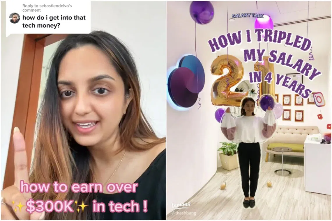 Ms Karishma Jashani (left) shares about her daily life as a tech sales executive on TikTok, while Ms Joy Wang shares her experience on negotiating salary packages and job hunting on Lemon8.