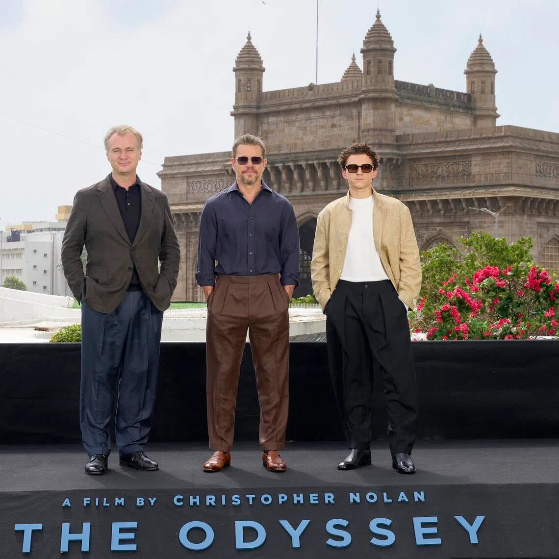 (From left) Christopher Nolan, Matt Damon and Tom Holland at The Odyssey photo call in Mumbai on July 11.