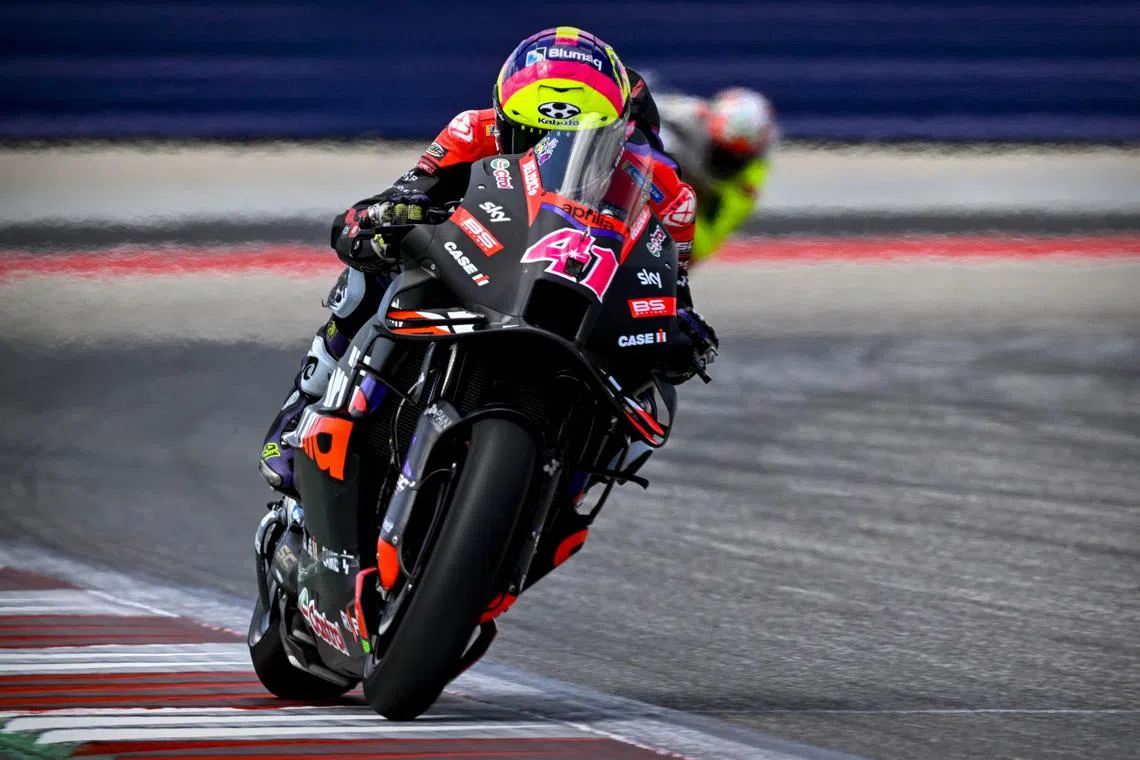 FILE PHOTO: Apr 14, 2024; Austin, TX, USA; Aleix Espargaro (41) of Spain and Aprilia Racing rides during the MotoGP Grand Prix of The Americas at Circuit of The Americas. Mandatory Credit: Jerome Miron-USA TODAY Sports/File Photo