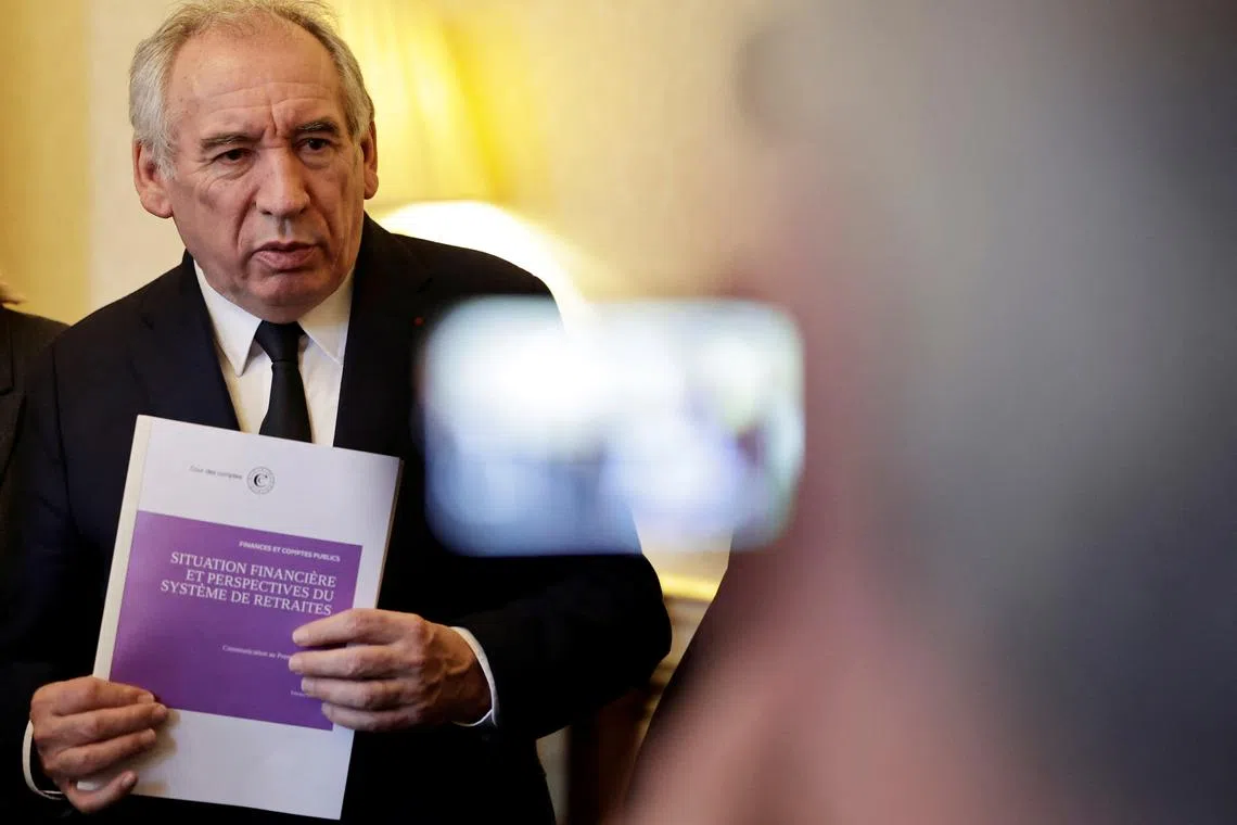 French Prime Minister Francois Bayrou speaks after receiving the pensions' report results from France's First President of the French Court of Auditors (Cour des Comptes), at the Hotel Matigon in Paris, France February 20, 2025.     STEPHANE DE SAKUTIN/Pool via REUTERS