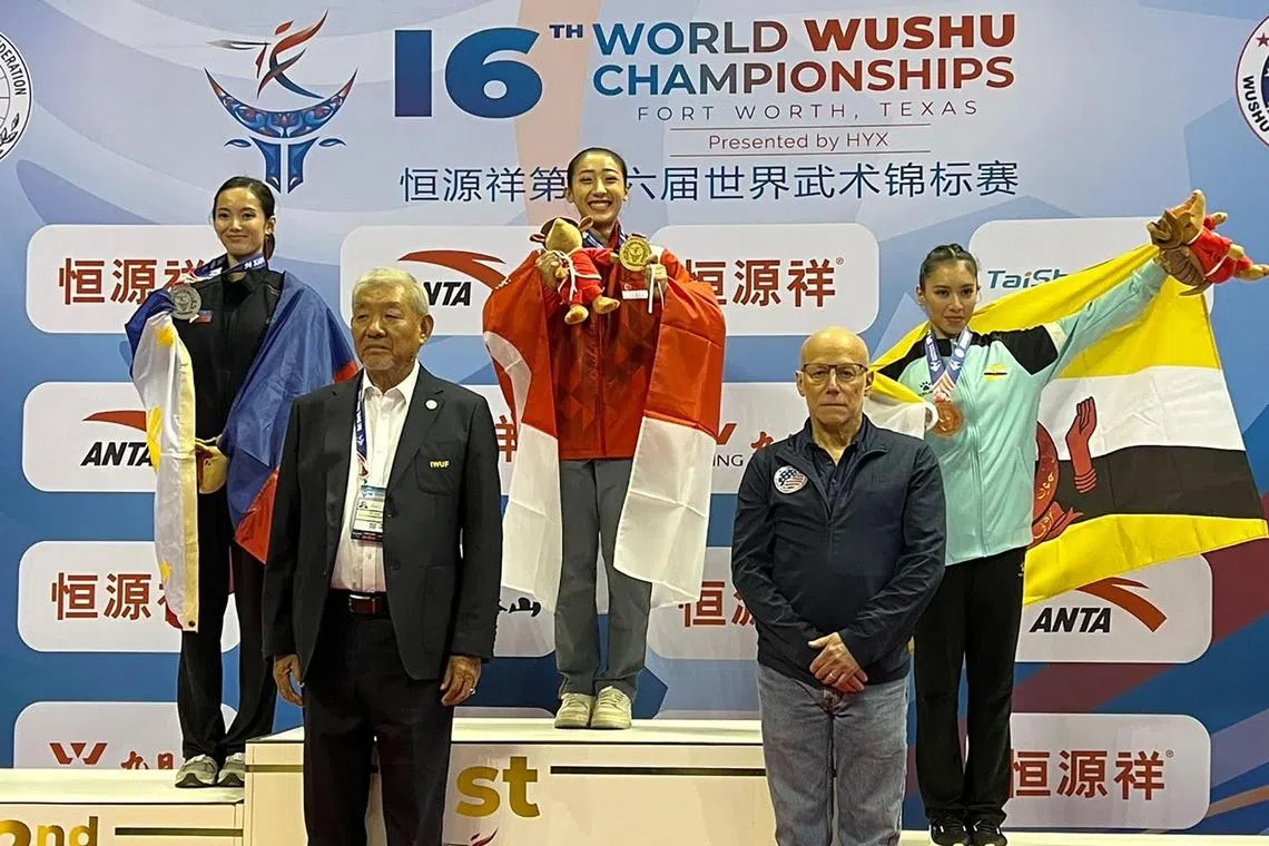 Zeanne Law (in red) wins Singapore's fifth gold overall at the Wushu World Championships after topping the 13-athlete field in the women's taijiquan.