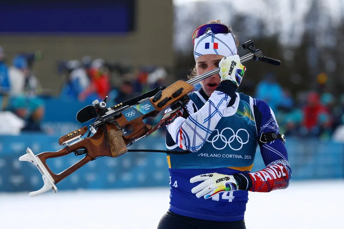 Milano Cortina 2026 Olympics - Biathlon - Mixed Relay 4 x 6km (M+W) - Anterselva Biathlon Arena, South Tyrol, Italy - February 08, 2026.  Julia Simon of France in action during the Biathlon Mixed Relay 4 x 6km (M+W) . REUTERS/Matthew Childs