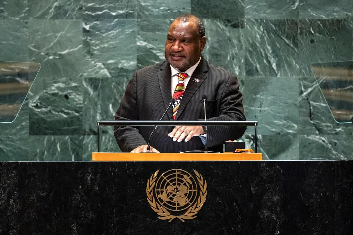 FILE PHOTO: Prime Minister of Papua New Guinea James Marape addresses the 79th United Nations General Assembly at U.N. headquarters in New York, U.S., September 27, 2024.  REUTERS/Eduardo Munoz/File Photo