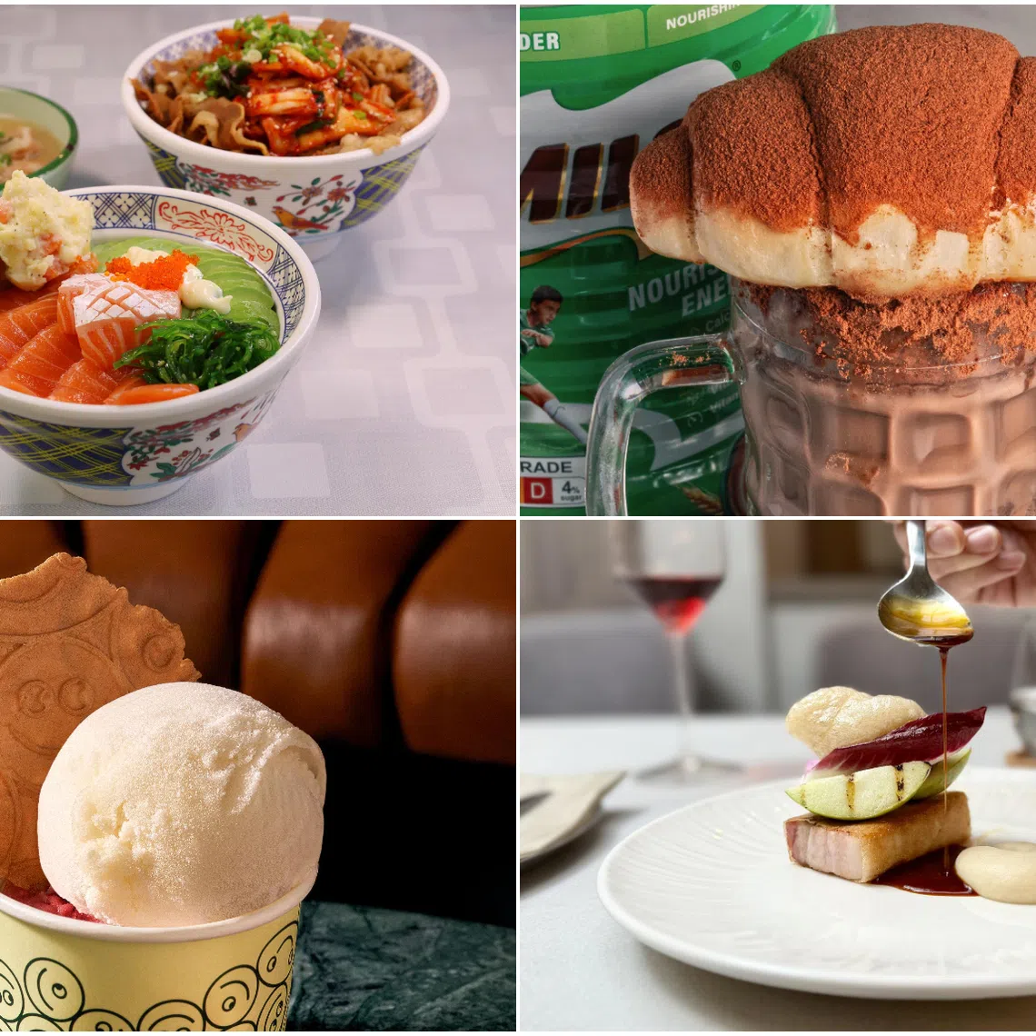 (Clockwise from top left) Salmon Avocado Don and other dishes at Ten Ten Otoko, Tiong Bahru Bakery's Milo Dinosaur Shio Pan, Mondo's frozen dessert, and Encore by Rhubarb's slow-cooked pork belly and puffed pork skin.