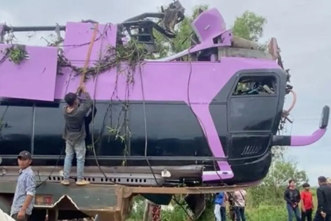 A Sandan district policeman said the bus was on the way from Siem Reap to Phnom Penh.