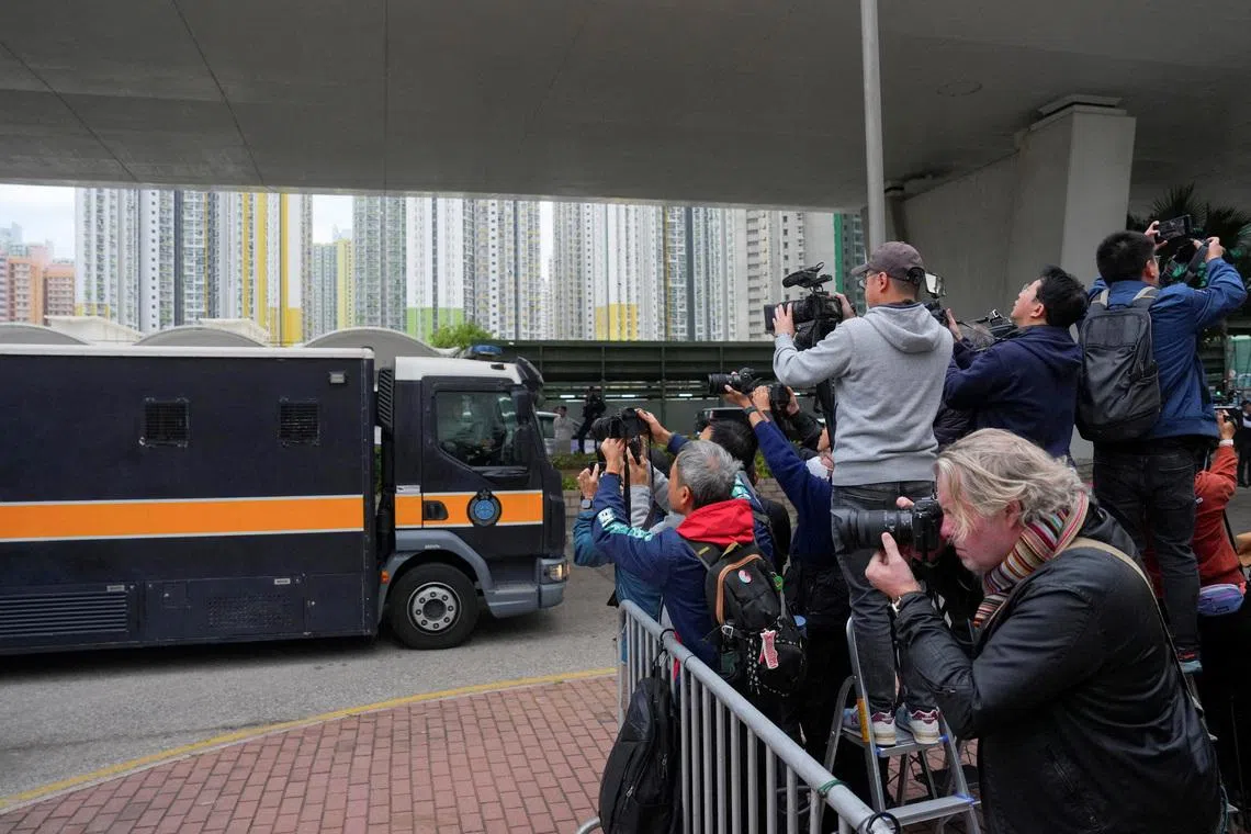 A prison van believed to be carrying Jimmy Lai arrives at the West Kowloon Magistrates' Courts building for the mitigation in the national security collusion trial of Jimmy Lai, founder of the now-defunct pro-democracy newspaper Apple Daily, in Hong Kong, China, January 12, 2026. REUTERS/Lam Yik/File Photo