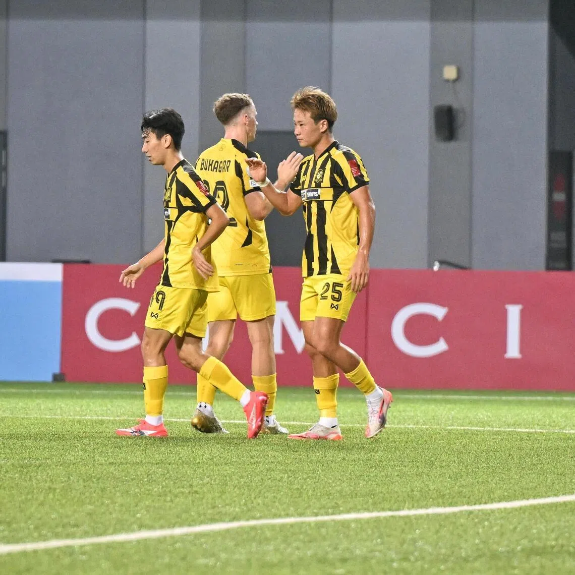 BG Tampines Rovers attacker Hide Higashikawa (No. 25) celebrating with teammates (from left) Joel Chew and Trent Buhagiar after scoring one of his four goals in the 7-1 Singapore Premier League win over Young Lions.