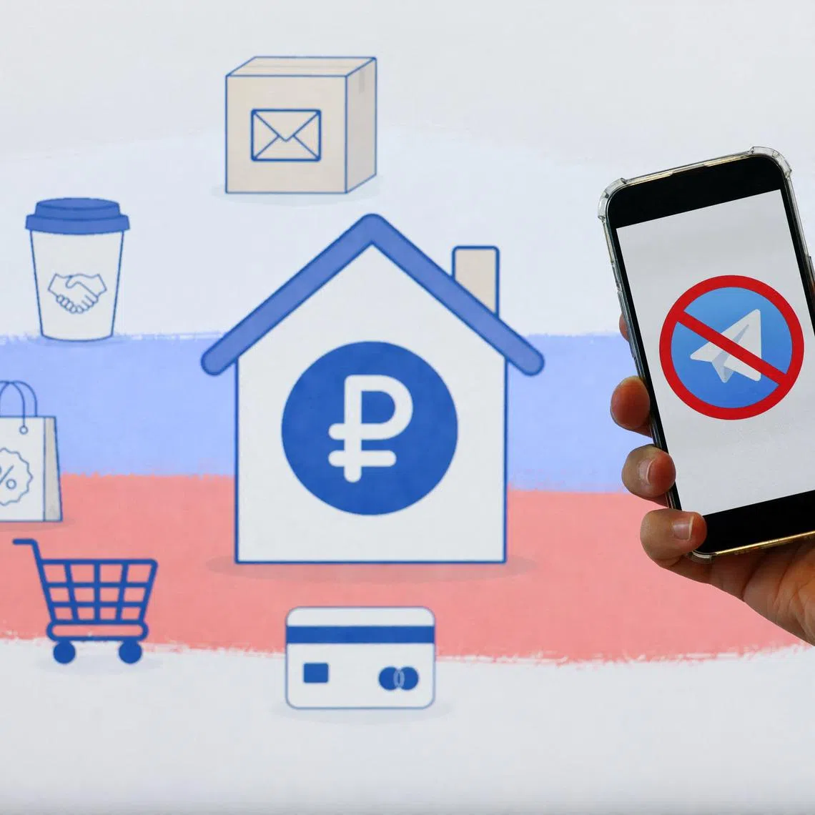 A man holds a smartphone showing a crossed‑out Telegram messenger app icon in front of a screen with graphic symbols associated with small businesses against the backdrop of the Russian flag, in this illustration taken April 20, 2026. REUTERS/Anastasia Barashkova/Illustration