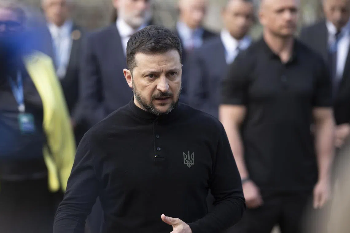 epa12055151 Ukrainian President Volodymyr Zelensky speaks to the media during a visit to the site of a Russian missile strike on a residential area in Kyiv, Ukraine, 25 April 2025, amid the Russian invasion. At least 12 people were killed and 87 others injured after a Russian combined attack with drones and rockets of different types in Kyiv on 24 April 2025, Ukrainian authorities said. Zelensky claimed the Russian missile that struck the Kyiv residential area was supplied by North Korea.  EPA-EFE/STRINGER