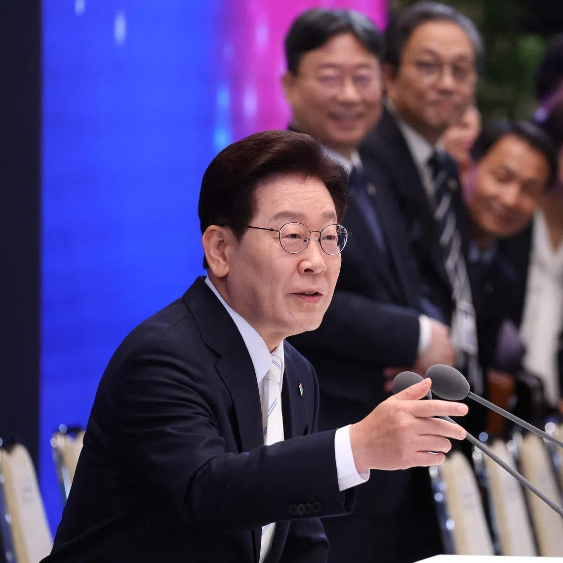 South Korean President Lee Jae Myung attends a press conference to mark the first anniversary of his inauguration at the Blue House in Seoul on June 8, 2026. (Photo by Chung Sung-Jun / POOL / AFP)