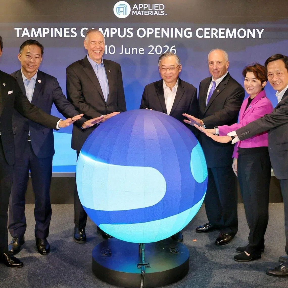 (From left) Regional president of Applied Materials (SEA) Brian Tan; chariman of EDB Png Cheong Boon;  president and CEO of Applied Materials, Gary Dickerson; Deputy Prime Minister Gan Kim Yong; chairman of the board of directors of Applied Materials Thomas J. Iannotti; CEO of JTC Corporation Jacqueline Poh; and group vice-president and head of Worldwide Manufacturing Operations of Applied Materials KC Ong at the Tampines campus opening ceremony.