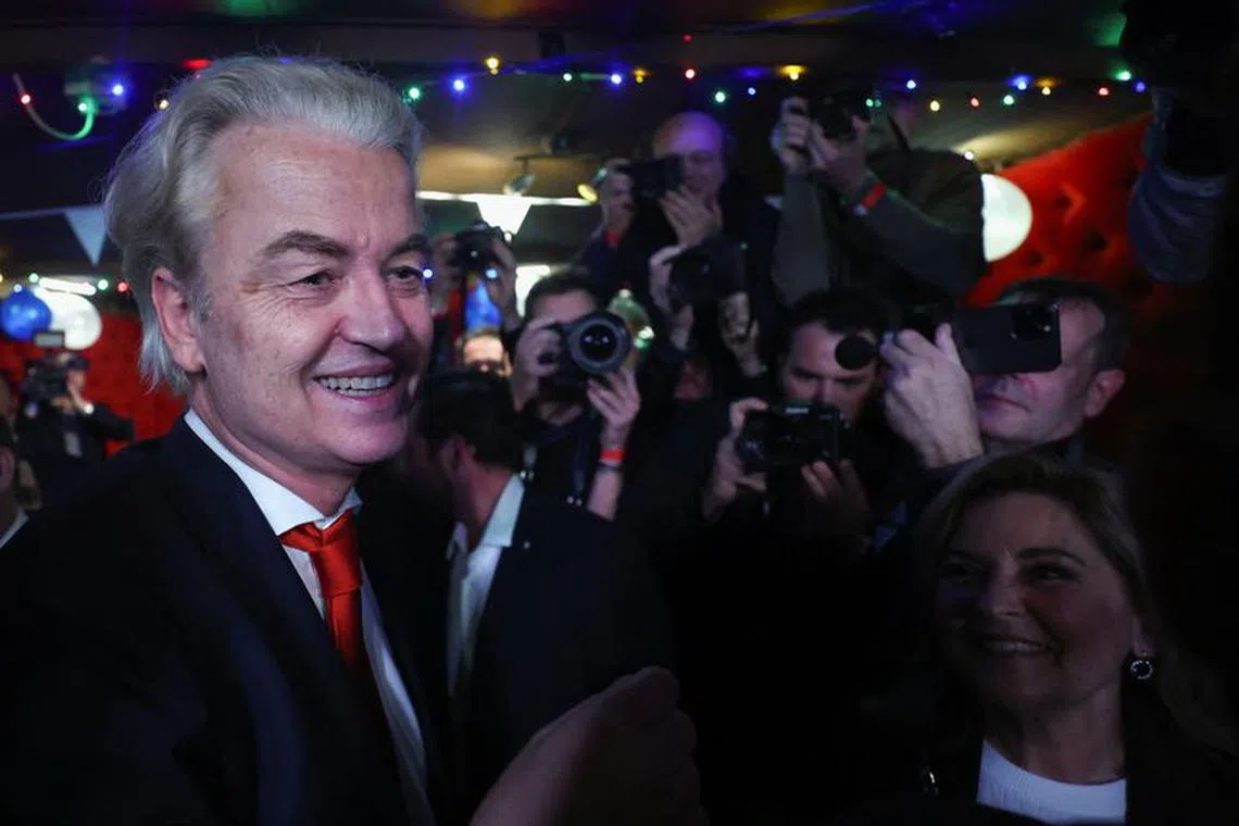 Dutch far-right politician and leader of the PVV party, Geert Wilders reacts to the exit poll and early results in the Dutch parliamentary elections, in The Hague, Netherlands November 22, 2023. REUTERS/Yves Herman