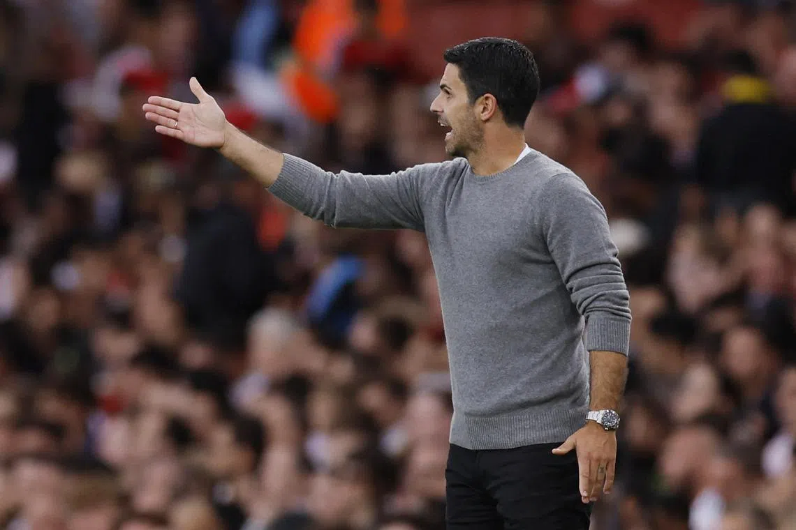 Arsenal manager Mikel Arteta during the pre-season friendly against Bayer Leverkusen at the Emirates Stadium in  London on Aug 7, 2024.