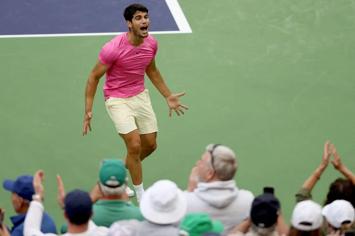 Carlos Alcaraz of Spain celebrating his win over Daniil Medvedev at the BNP Paribas Open at Indian Wells.