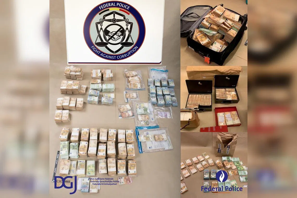 A combination of images shows several hundred thousand euros found in a hotel room by Belgian police. 