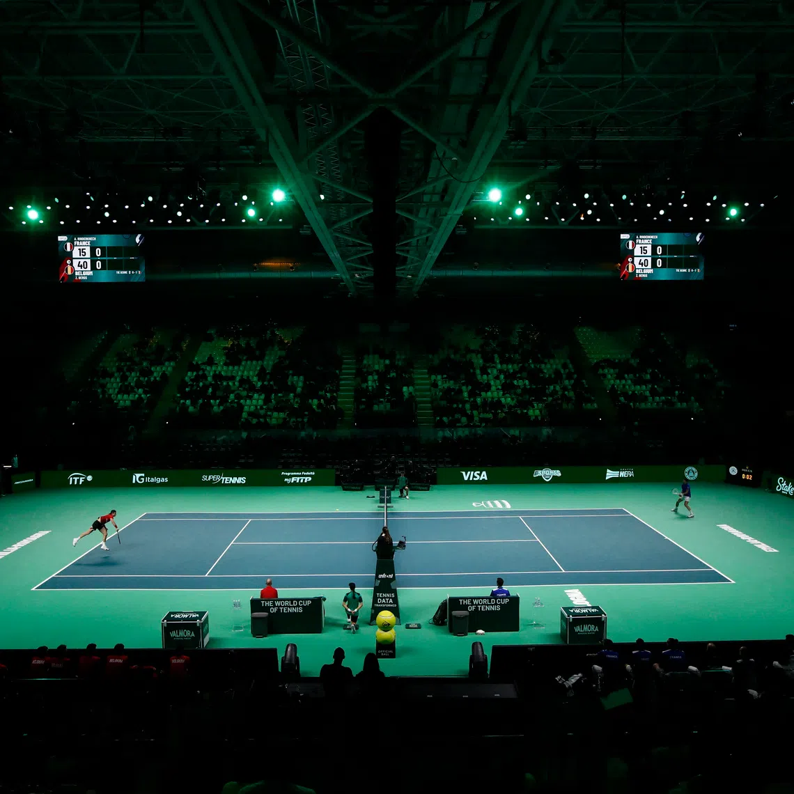 Tennis - Davis Cup - Final 8 - France v Belgium - Unipol Arena, Bologna, Italy - November 18, 2025 France's Arthur Rinderknech in action during his singles match against Belgium's Zizou Bergs REUTERS/Alessandro Garofalo