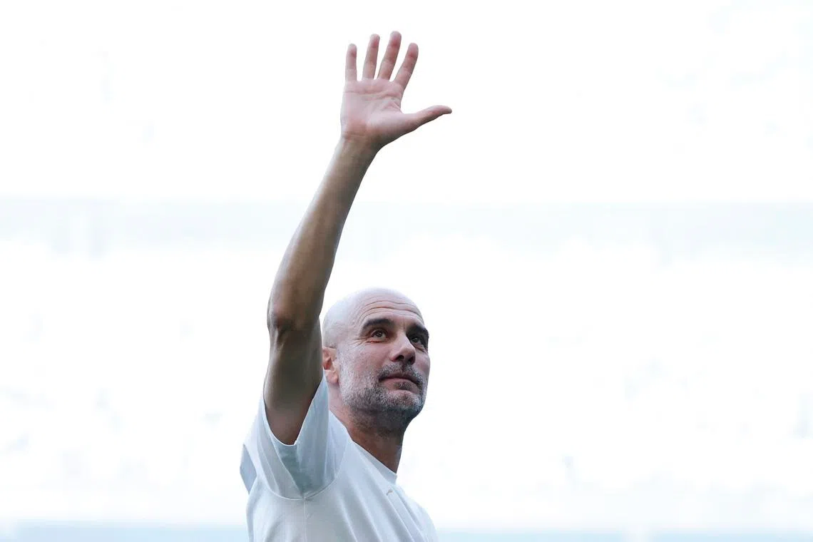Soccer Football - Premier League - Manchester City v Aston Villa - Etihad Stadium, Manchester, Britain - May 24, 2026 Manchester City manager Pep Guardiola reacts after his last game for the club Action Images via Reuters/Jason Cairnduff