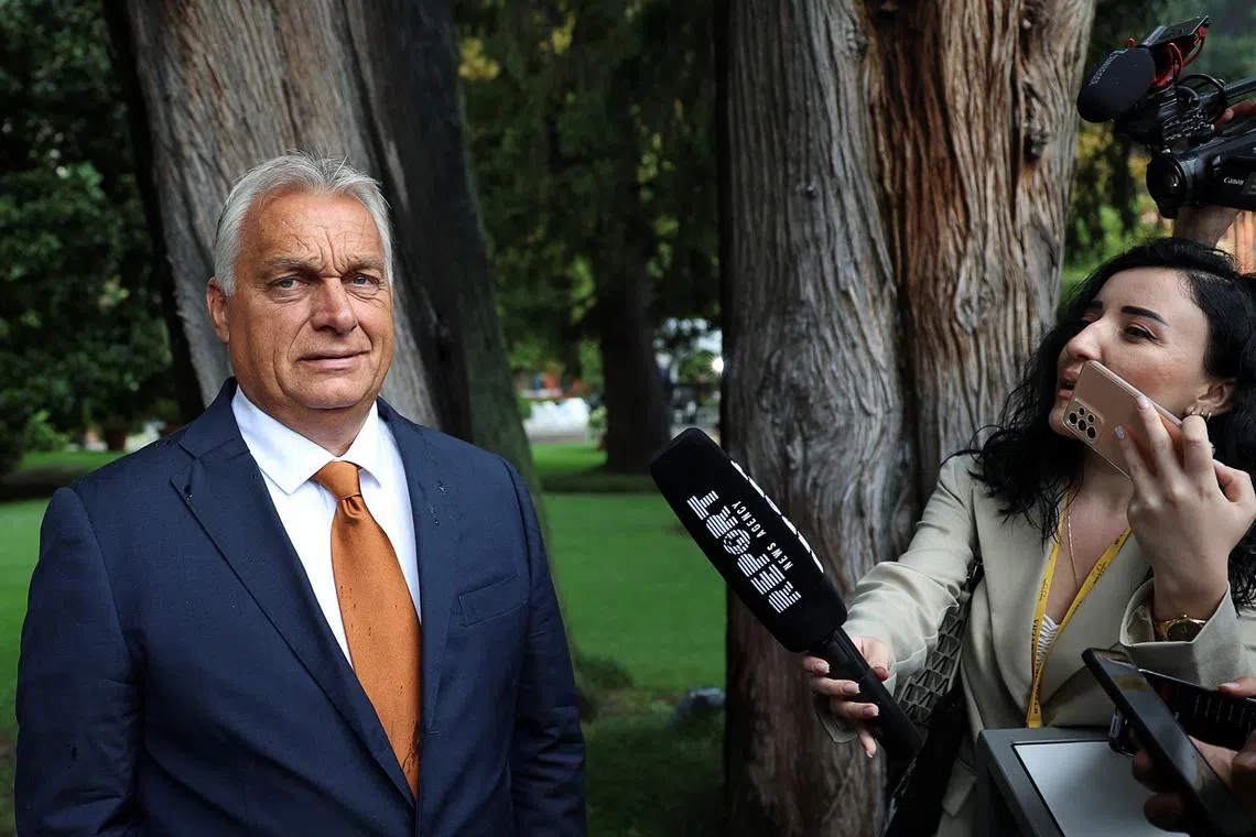 Hungarian Prime Minister Viktor Orban speaks to the media, as he attends the European House - Ambrosetti Forum, an annual conference that gathers business and political leaders at the end of the summer, in Cernobbio, Italy, September 6, 2024. REUTERS/Claudia Greco/ File Photo