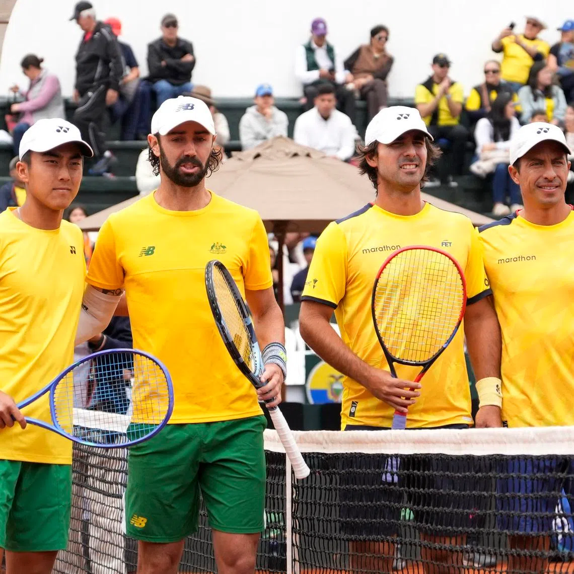 Tennis - Davis Cup - Qualifiers  - Ecuador v Australia - Quito Tenis y Golf Club, Quito, Ecuador - February 8, 2026 Ecuador's Gonzalo Escobar and Diego Hidalgo before their doubles match against Australia's Rinky Hijikata and Jordan Thompson. REUTERS/Cristina Vega
