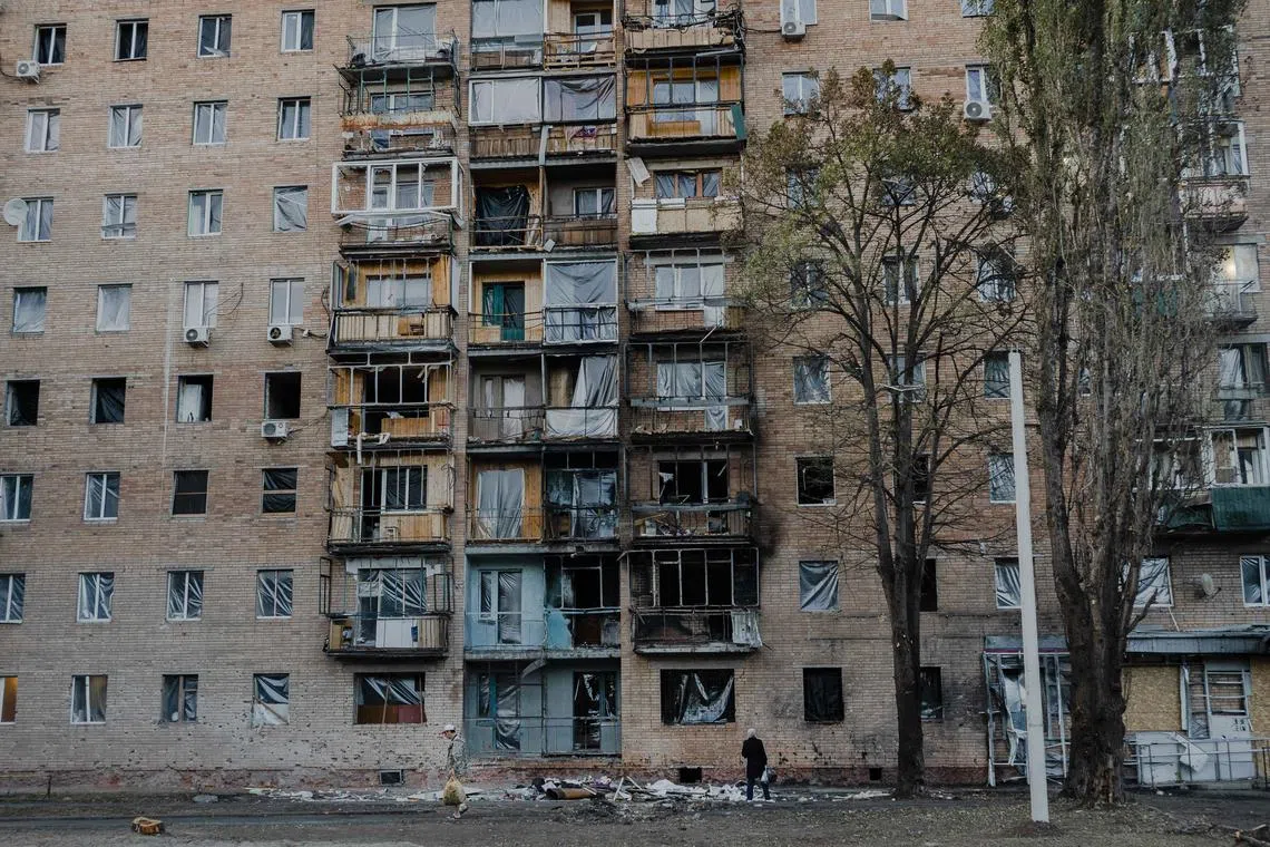 A building damaged by falling missile debris in Russian regional capital of Kursk, seen on Aug 13.