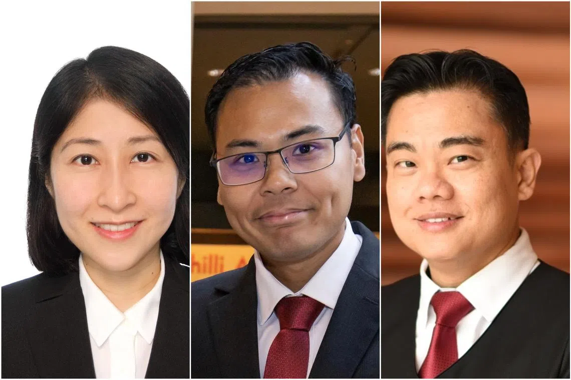 (From left) Attorney-General’s Chambers senior counsel Kristy Tan, Mr Mohamed Faizal Mohamed Abdul Kadir, second chief prosecutor at the AGC, and State Courts registrar Christopher Tan Pheng Wee will begin their new roles on Oct 1.