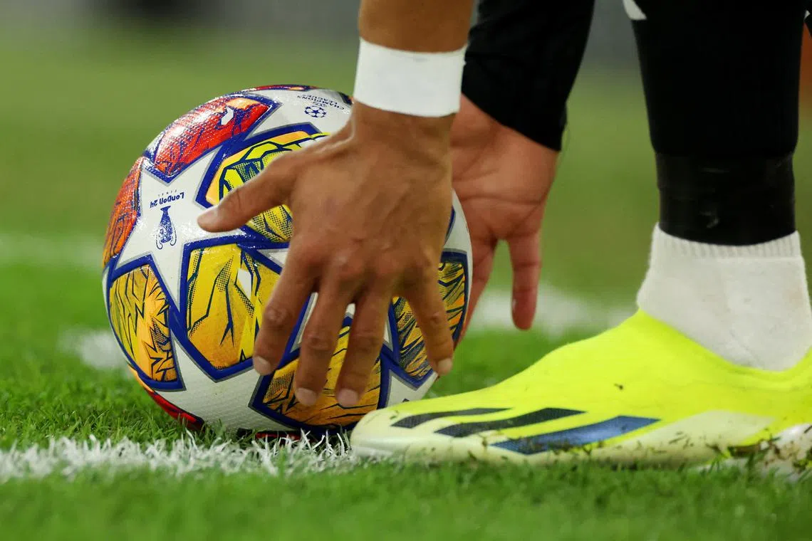 FILE PHOTO: Soccer Football - Champions League - Round of 16 - Second Leg - Manchester City v FC Copenhagen - Etihad Stadium, Manchester, Britain - March 6, 2024 General view of the ball REUTERS/Phil Noble/File photo