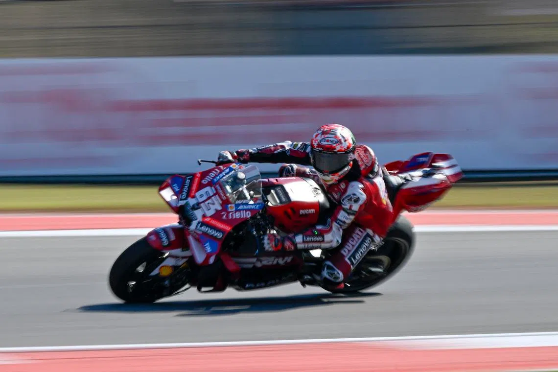 Mar 29, 2026; Austin, TX, USA; Ducati Team Francesco Bagnaia (63) rides during warmups before the start of the 2026 MotoGP Red Bull Grand Prix of the United States at Circuit of The Americas Austin. Mandatory Credit: Jerome Miron-Imagn Images