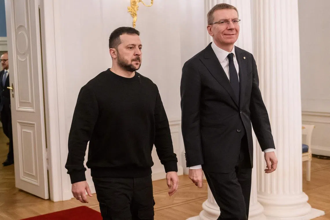 Ukrainian President Volodymyr Zelensky (left) during a visit to Riga, with Latvian President Edgars Rinkevics.