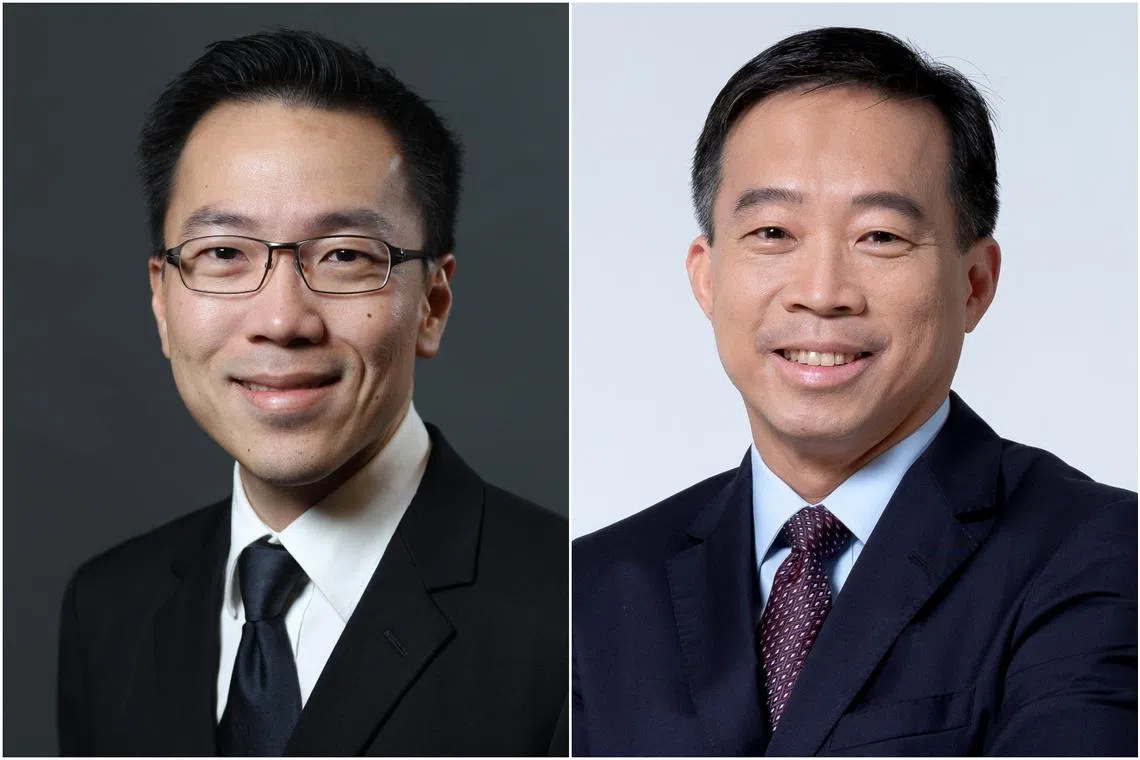 Economic Development Board's chairman Beh Swan Gin (left) will take on a permanent secretary for development role at the Ministry of Trade and Industry. He will be replaced by Enterprise Singapore's chief executive Png Cheong Boon.