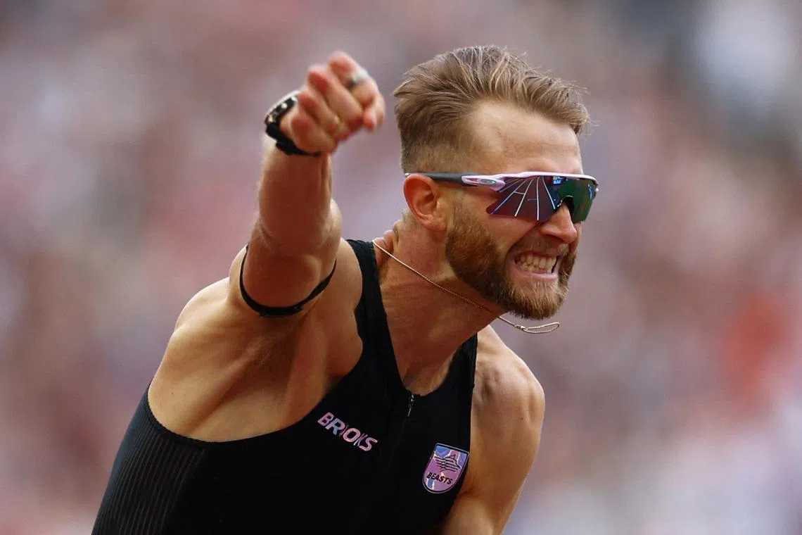 Britain’s Josh Kerr celebrates on July 18 after clocking 3min 42.66sec at the London Diamond League to beat the previous record set in 1999 by Morocco’s Hicham El Guerrouj.