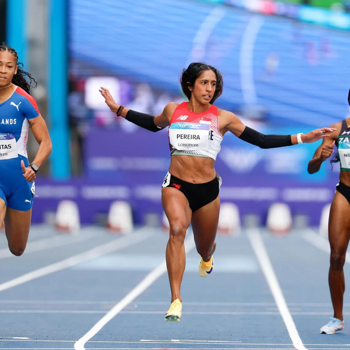 Singapore’s Shanti Pereira (centre) in action in the women’s 100m heats at the Commonwealth Games on July 27.
