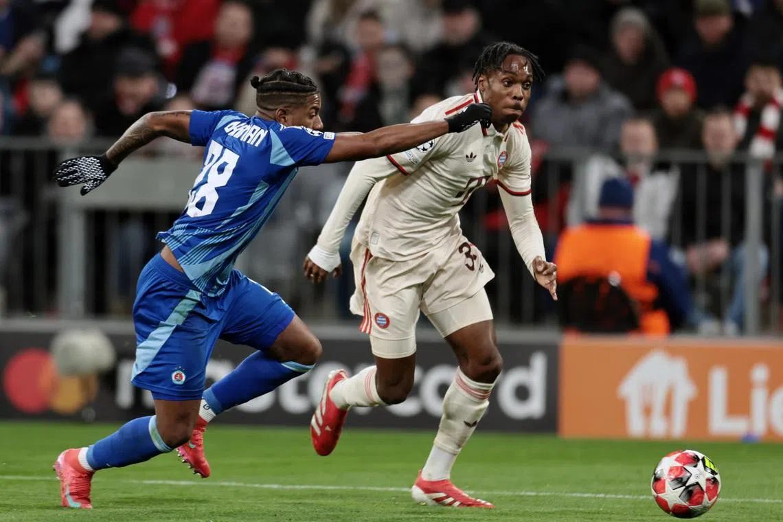 Bayern Munich's Mathys Tel (right) joined Tottenham Hotspur on loan on transfer deadline day.