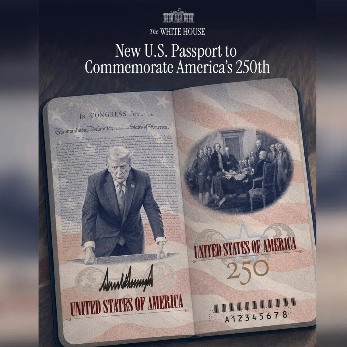 The new limited-edition US passport to mark the country’s 250th anniversary of independence featuring President Donald Trump.