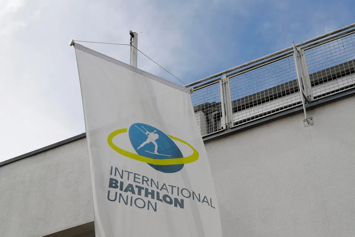 The flag of the International Biathlon Union (IBU) is seen outside its headquarters in Salzburg, Austria, April 12, 2018. REUTERS/Leonhard Foeger