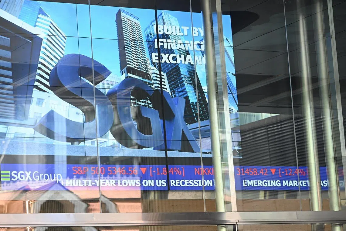 Generic picture of SGX Raffles Place, STI showing stock prices on Monday 5 August 2024.