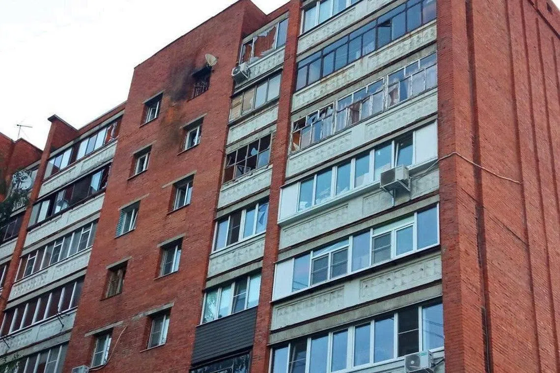 A handout photo shows a damaged building following a reported drone attack in Kursk, Russia.