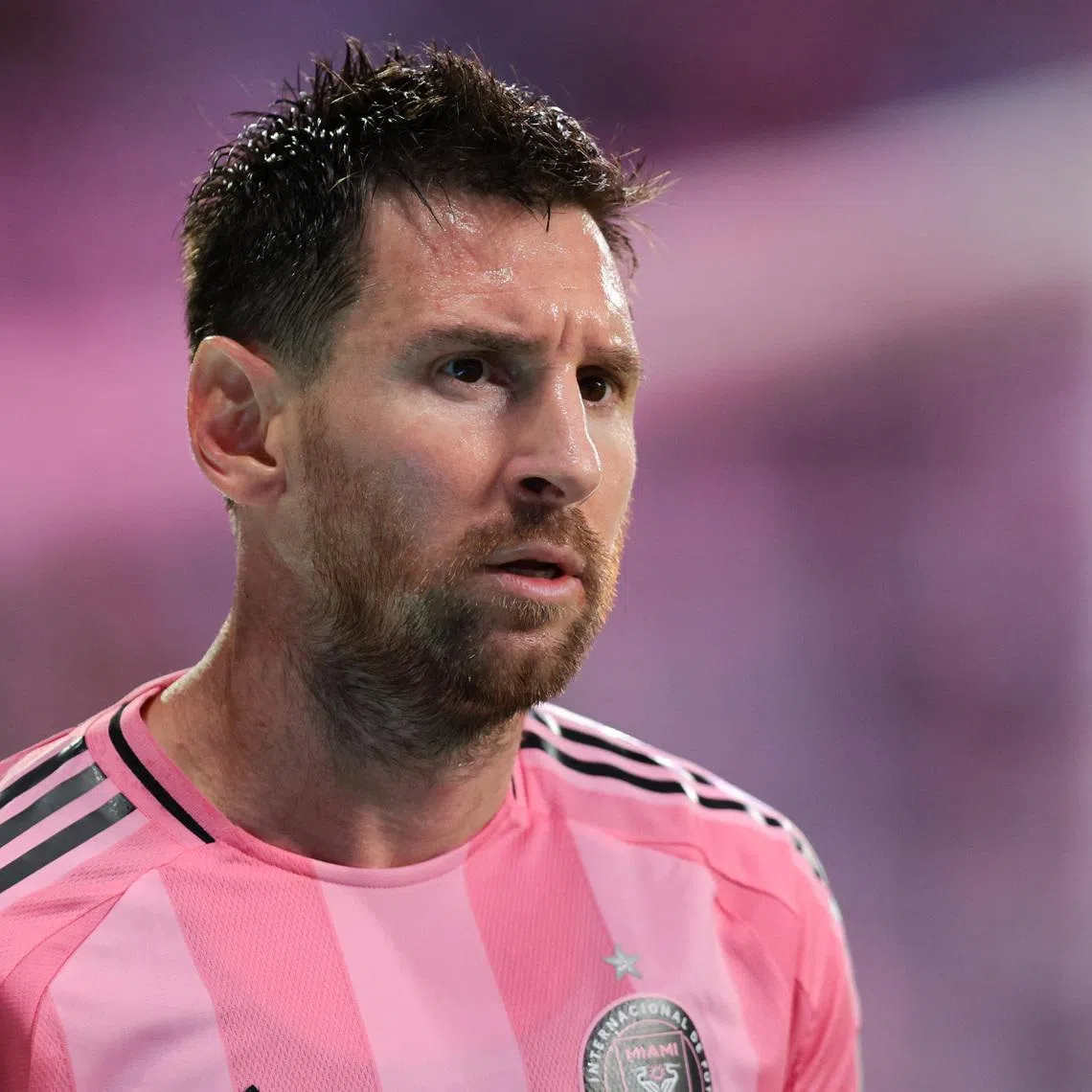 Apr 4, 2026; Miami, Florida, USA; Inter Miami CF forward Lionel Messi (10) looks on during the first half against Austin FC at Nu Stadium. Mandatory Credit: Sam Navarro-Imagn Images