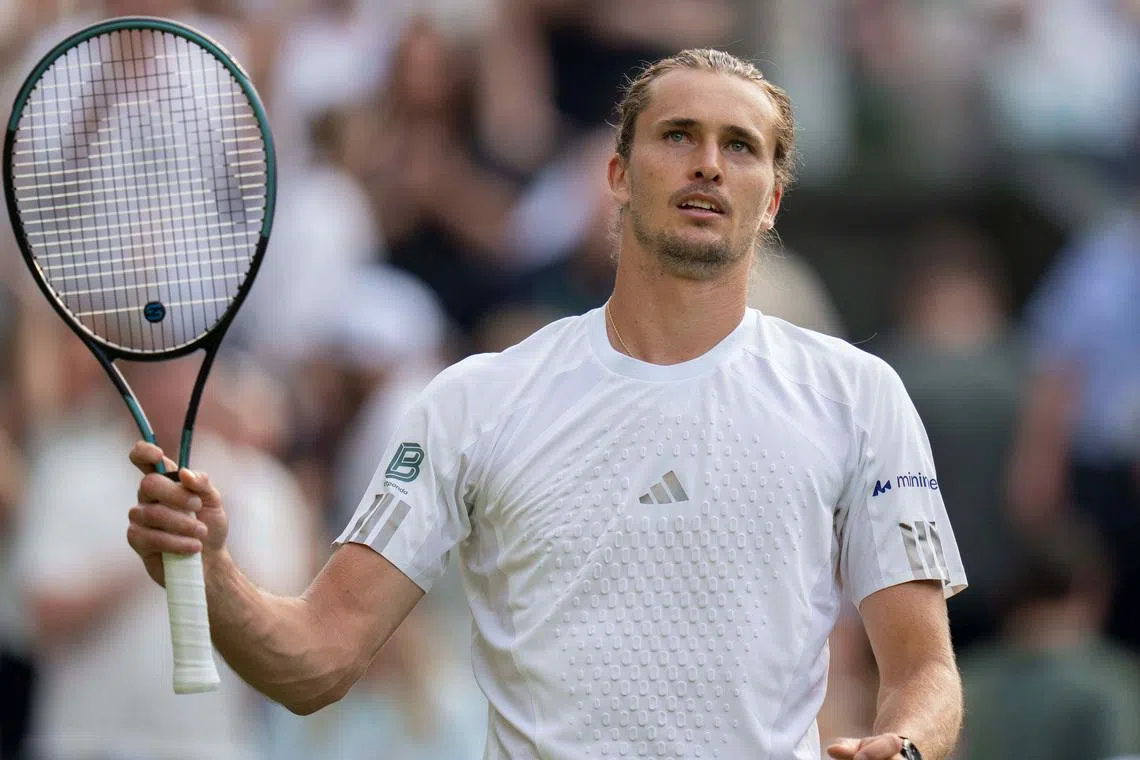 Jun 30, 2026; London, United Kingdom;  Alexander Zverev of Germany celebrates winning his match against  Alexander Blockx of Belgium on day two at All England Lawn Tennis and Croquet Club.  Mandatory Credit: Susan Mullane-Imagn Images