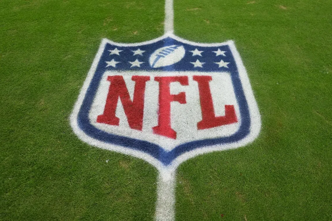 Nov 23, 2025; Paradise, Nevada, USA; The NFL shield logo on the field at Allegiant Stadium. Mandatory Credit: Kirby Lee-Imagn Images