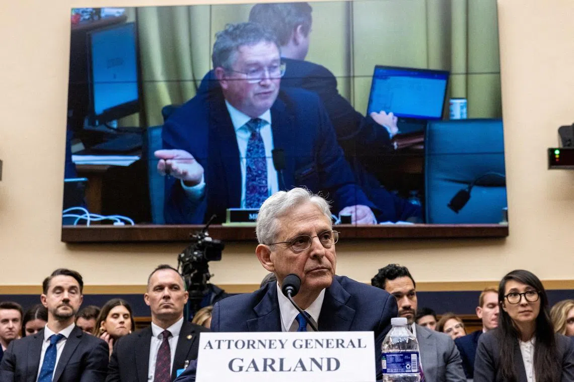 FILE PHOTO: Rep. Thomas Massie (R-KY) questions U.S. Attorney General Merrick Garland during a House Judiciary Committee hearing entitled “Oversight of the U.S. Department of Justice” in Washington, D.C., U.S., June 4, 2024. REUTERS/Anna Rose Layden/File Photo