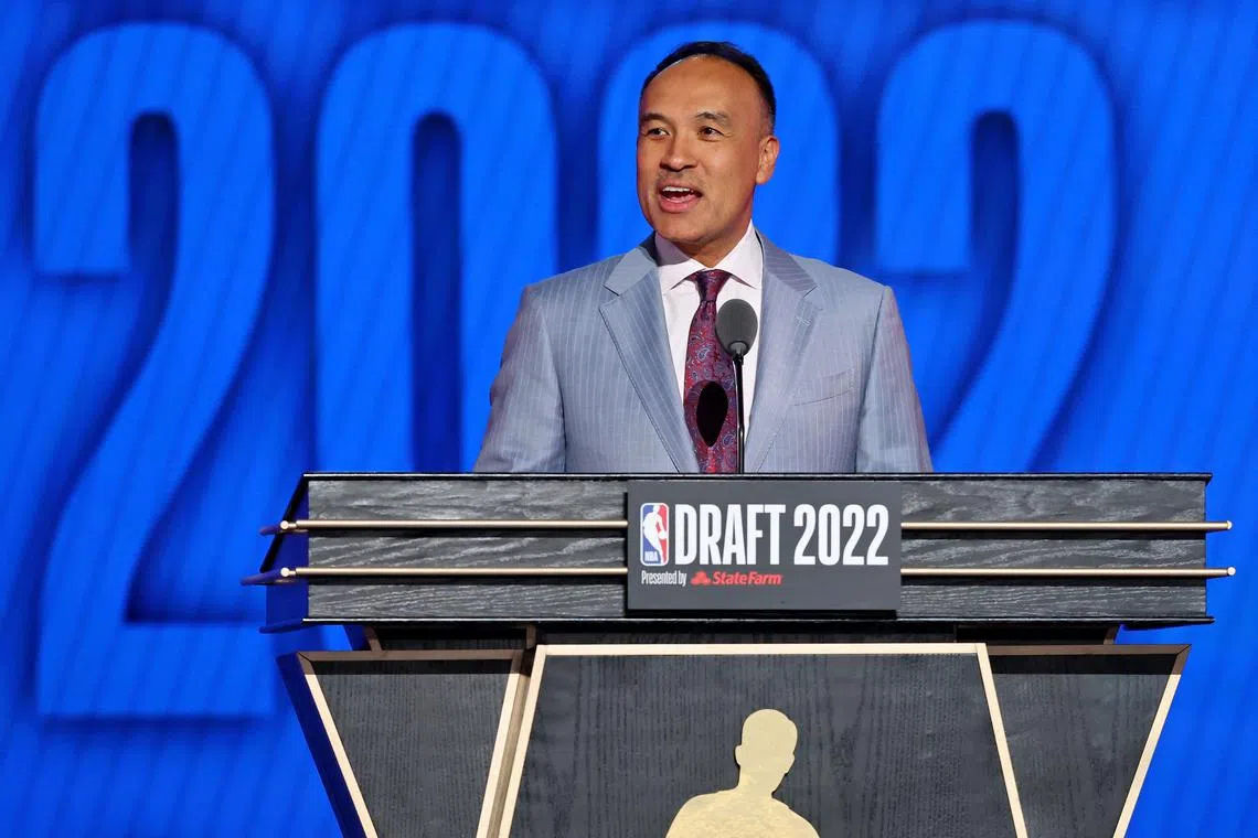 Jun 23, 2022; Brooklyn, NY, USA; NBA deputy commissioner Mark Tatum speaks before the second round of the 2022 NBA Draft at Barclays Center. Mandatory Credit: Brad Penner-USA TODAY Sports/ File Photo