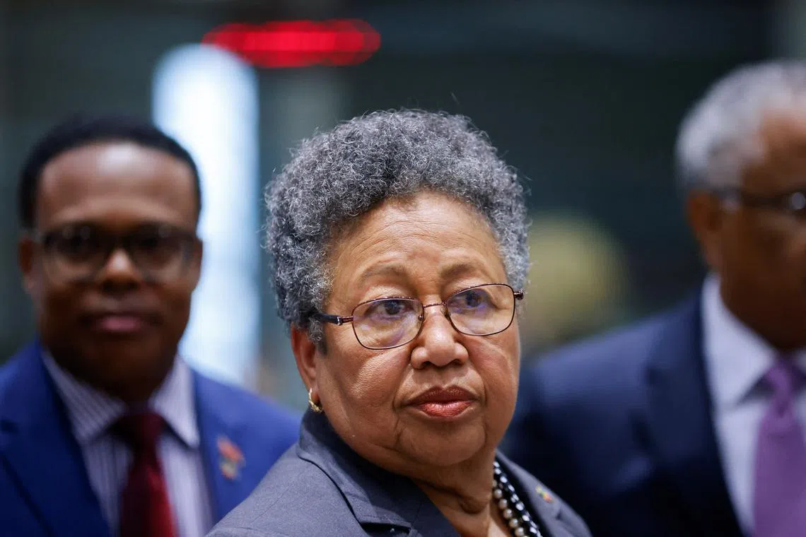 FILE PHOTO: Caribbean Community and Caribbean Forum Secretary General Carla Natalie Barnett listens on the day of the summit between the leaders of the European Union (EU) and Community of Latin American and Caribbean States (CELAC), in Brussels, Belgium July 17, 2023. REUTERS/Johanna Geron/File Photo