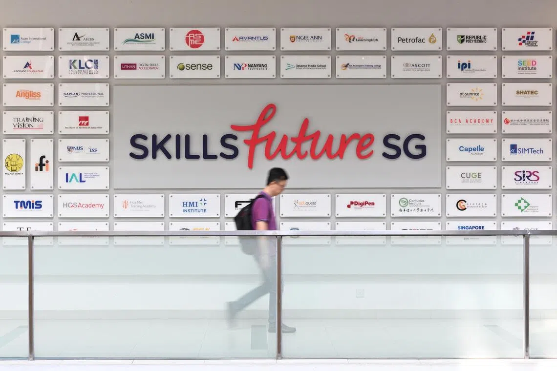 ST20250108-202505200839-Lim Yaohui-pixgeneric/
Generic photograph of SkillsFuture signboard at level three of Lifelong Learning Institute on Jan 8, 2025.
Can be used for stories on employment, career, skill, upskill, jobseeker, training, skill set, job, money, budget, upskilling, upgrading and salary.
(ST PHOTO: LIM YAOHUI)