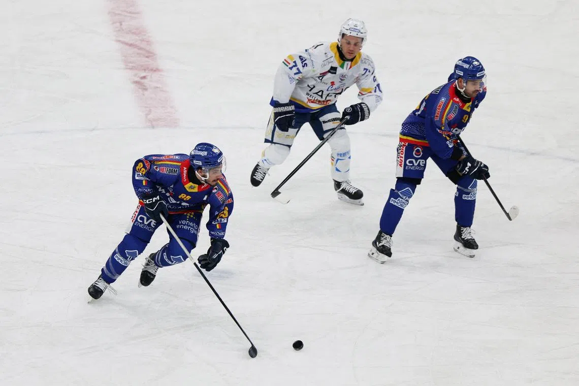 2026 Milano-Cortina Winter Olympics - Test Event - Serie A - Final Four Italian Championships - Semi Final - HC Migross Asiago v SG Cortina Hafro - Milano Santagiulia Ice Hockey Arena, Milan, Italy - January 10, 2026  HC Migross Asiago's Tommaso Traversa in action REUTERS/Claudia Greco