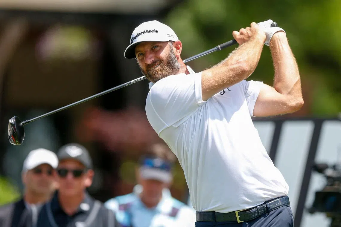 Dustin Johnson hitting a tee shot on the eighth hole during Day Two of the LIV Golf Invitational - Tulsa at Cedar Ridge Country Club on Saturday. 