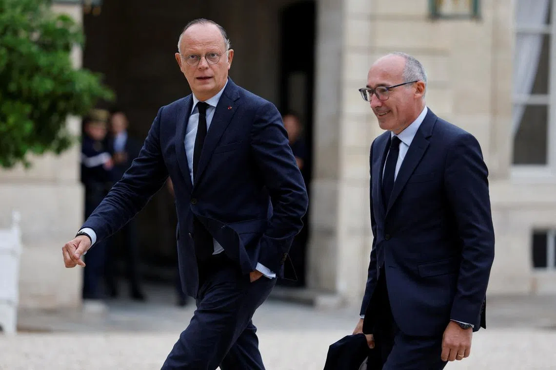 Edouard Philippe, Mayor of Le Havre and leader of French political party Horizons (HOR) and Member of parliament Paul Christophe, president of the Horizons & Independants parliamentary group, arrive for a meeting with French President Emmanuel Macron, on the day France expects the nomination of a new prime minister, at the Elysee Palace in Paris, France, October 10, 2025. REUTERS/Stephanie Lecocq